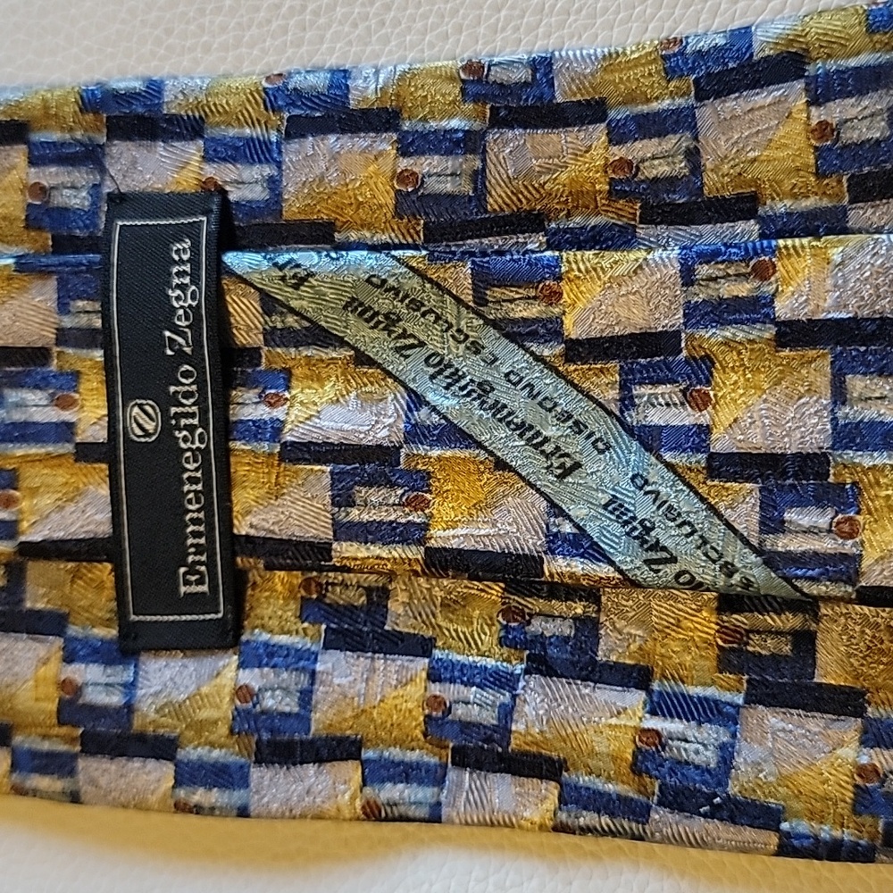 ermenegildo zegna Mens Tie Gold/Silver/Blue EUC 59L Gorgeous Silk Tie - Picture 2 of 6